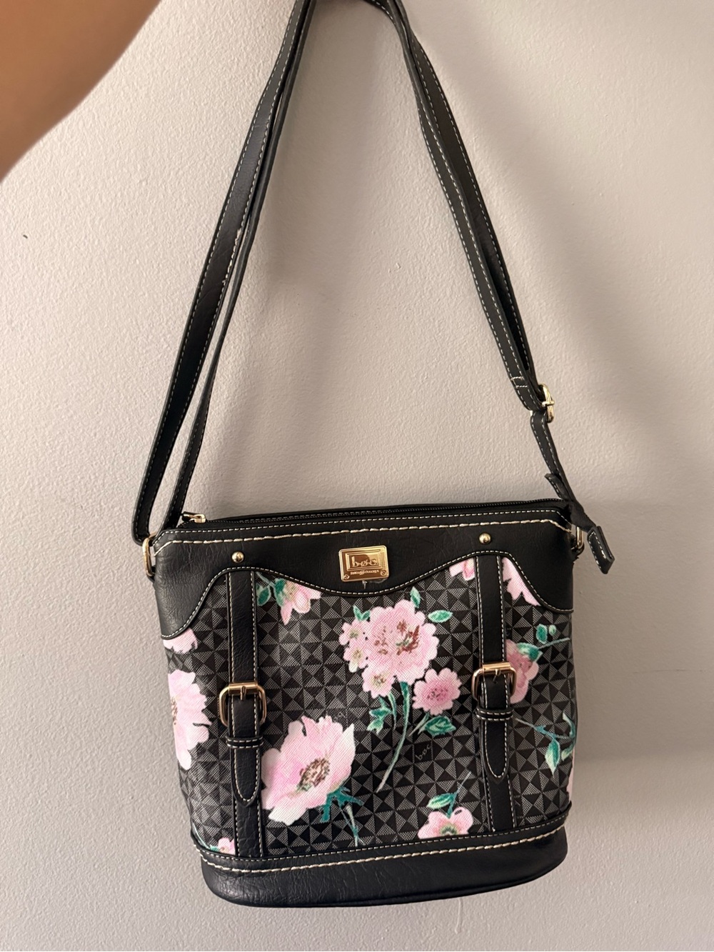 Black Floral Shoulder Bag with Pink Bloom Accents